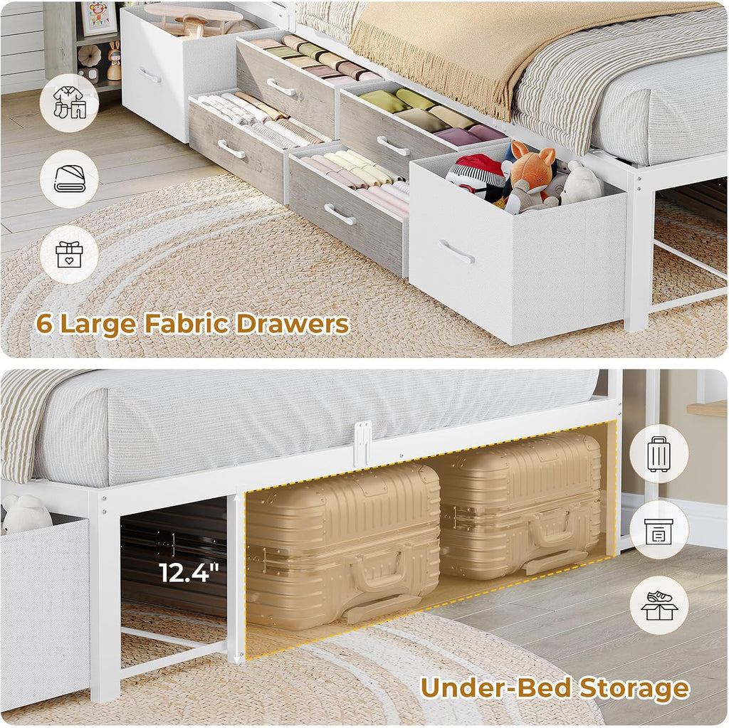 MSmask 14 Inch Corner Bed Frame with Pull-Out Cabinet, Bookcase & Headboad Storage, Full LED Daybed with 6 Drawers, Charging Station, Full Size Metal Platform Bed for Kids Teen, White & Oak Grey
