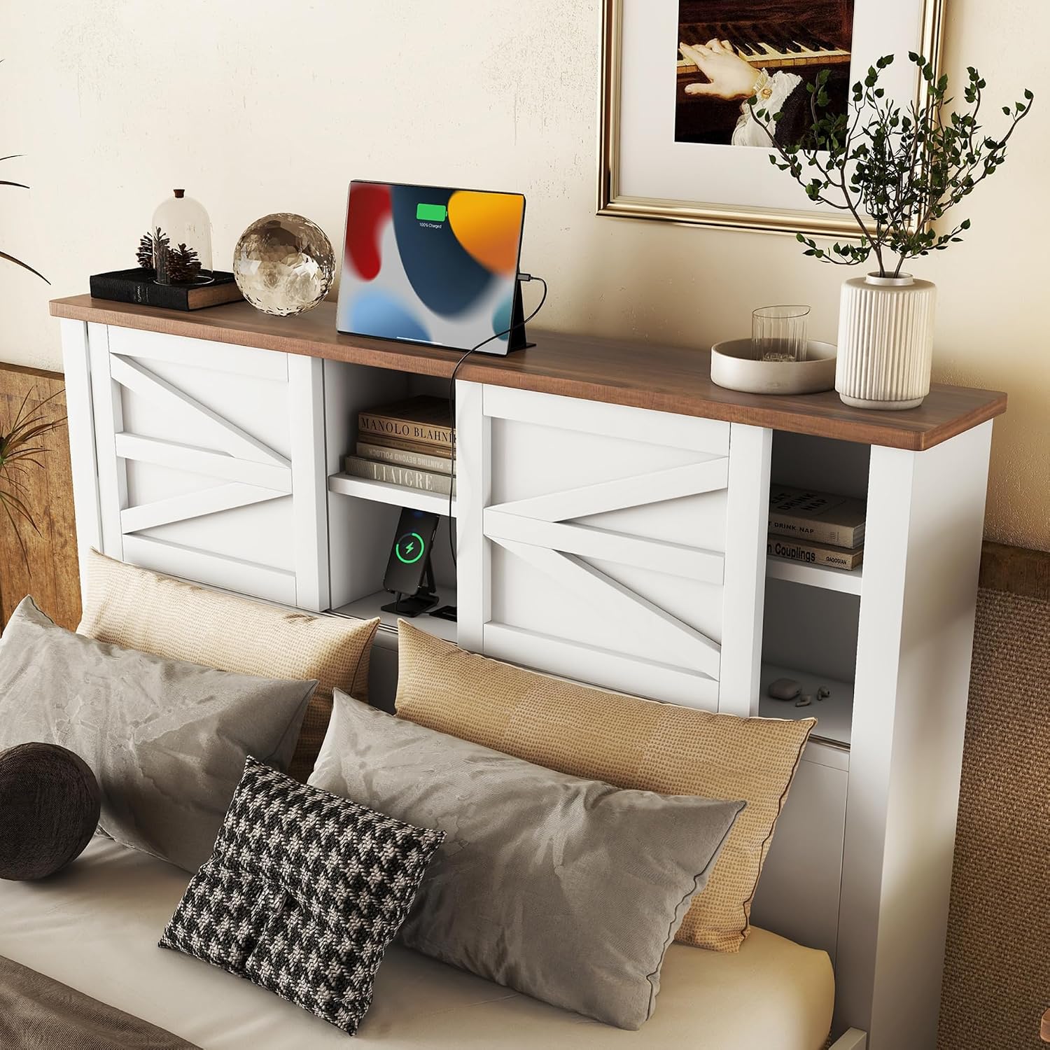 3PCS Bedroom Sets, Full Size Farmhouse Platform Bed with Double Sliding Door Storage Headboard, Cabinet & Nightstand, 3PCS Bedroom Sets with USB, for Kids, Adults, White