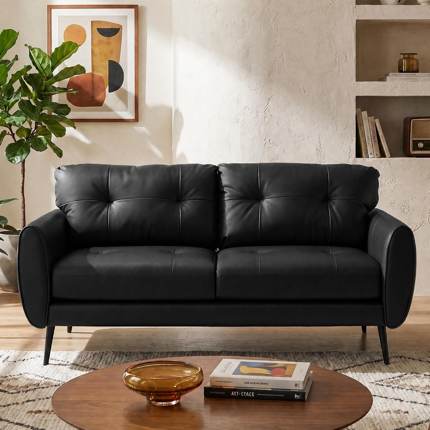 TYBOATLE Sofa Couch 61' Small Loveseat Couches for Living Room Leather Couch Mid Century Modern Tufted Mini Sofa Comfy Office 2 Seat Settee Love Seat for Small Spaces Bedroom (3, Black)