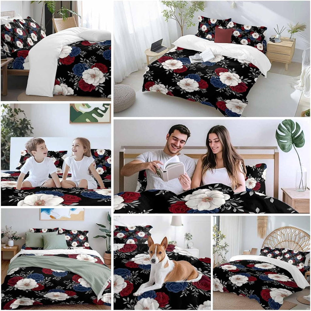 Prime Leader Independence Day Duvet Cover Set Queen Size 4 Pieces Red Blue White Roses Floral Leaf Black Bedding Set with Zipper Closure, 1 Comforter Cover 92x106 Inches 1 Flat Sheet & 2 Pillow Cases