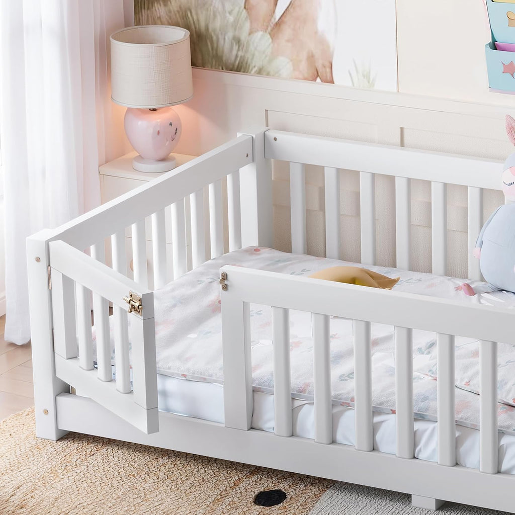Bellemave Twin Size Floor Bed Frame with Fence and Door for Kids, Montessori Floor Bed with Slats and Safety Guardrails,Solid Wood Twin Bed Frame for Girls Boys,White