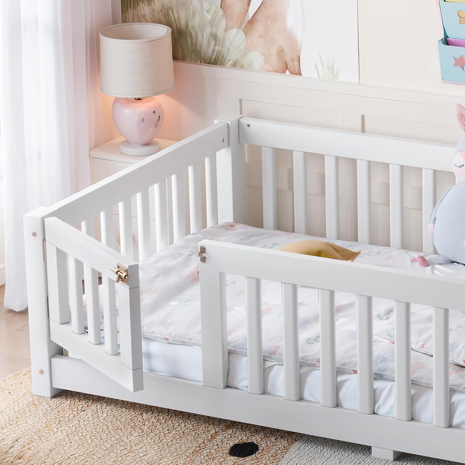 Bellemave Twin Size Floor Bed Frame with Fence and Door for Kids, Montessori Floor Bed with Slats and Safety Guardrails,Solid Wood Twin Bed Frame for Girls Boys,White