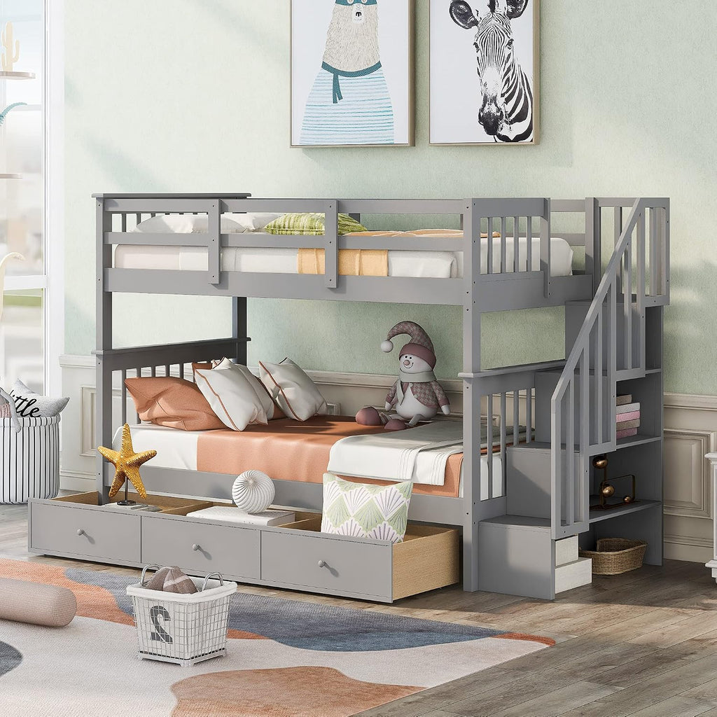 Merax Twin Over Twin Stairway Bunk Bed with 3 Storage Drawers and Staircase, Solid Wood Storage Bunk Bed Frame with Guardrail, Can be Separated into 2 Beds, Grey