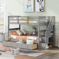 Merax Twin Over Twin Stairway Bunk Bed with 3 Storage Drawers and Staircase, Solid Wood Storage Bunk Bed Frame with Guardrail, Can be Separated into 2 Beds, Grey