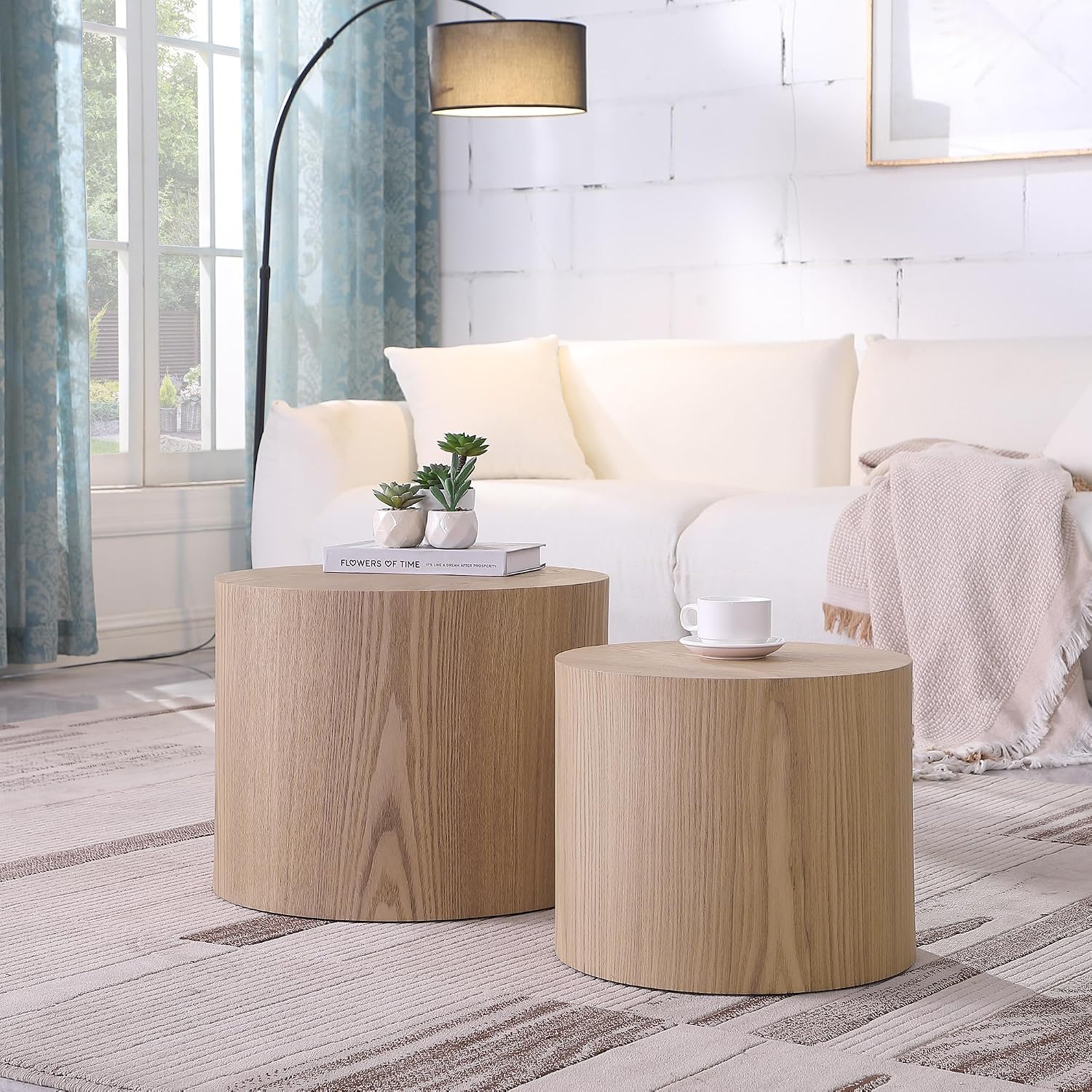 Black Round Nesting Coffee Table Set of 2, Modern Wood Side Table Full Assembly for Small Space Living Room Apartment - Oak
