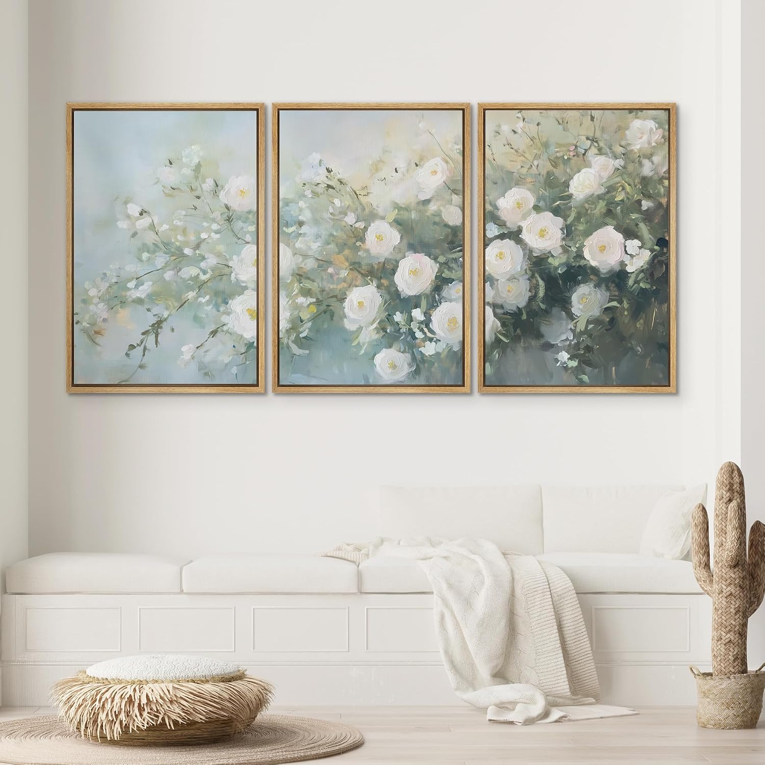 SIGNWIN Framed Canvas Print Wall Art Soft White Rose Floral Delicate Blooming Flowers Illustrations Modern Bohemian Scenic Ultra for Living Room, Bedroom, Office - 24'x36'x3 Natural