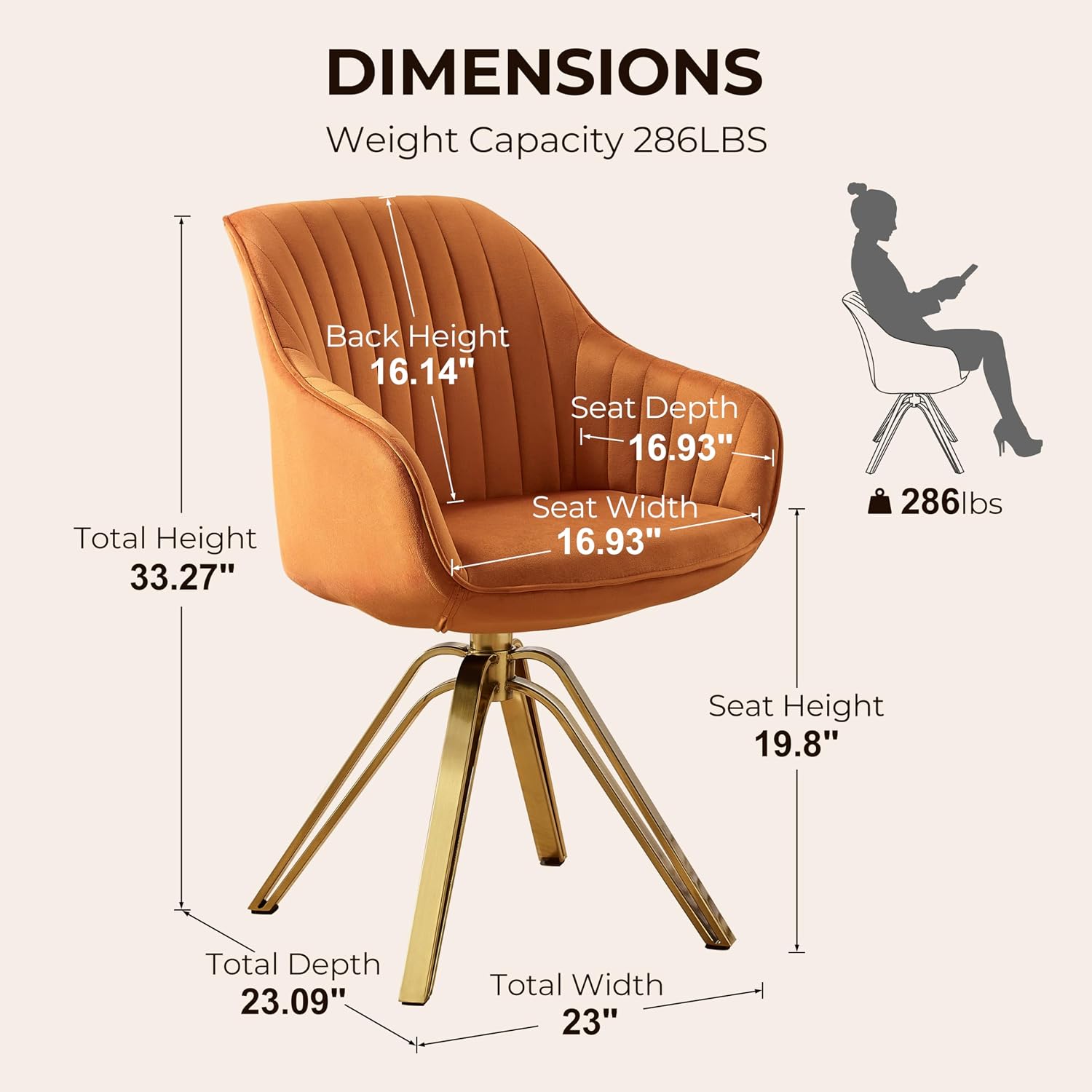 Volans Swivel Accent Chair, Mid Century Modern Swivel Desk Chair with Hollow Brushed Gold Plated Legs Office Chairs for Living Room, Dining Room, Small Space, Cinnamon