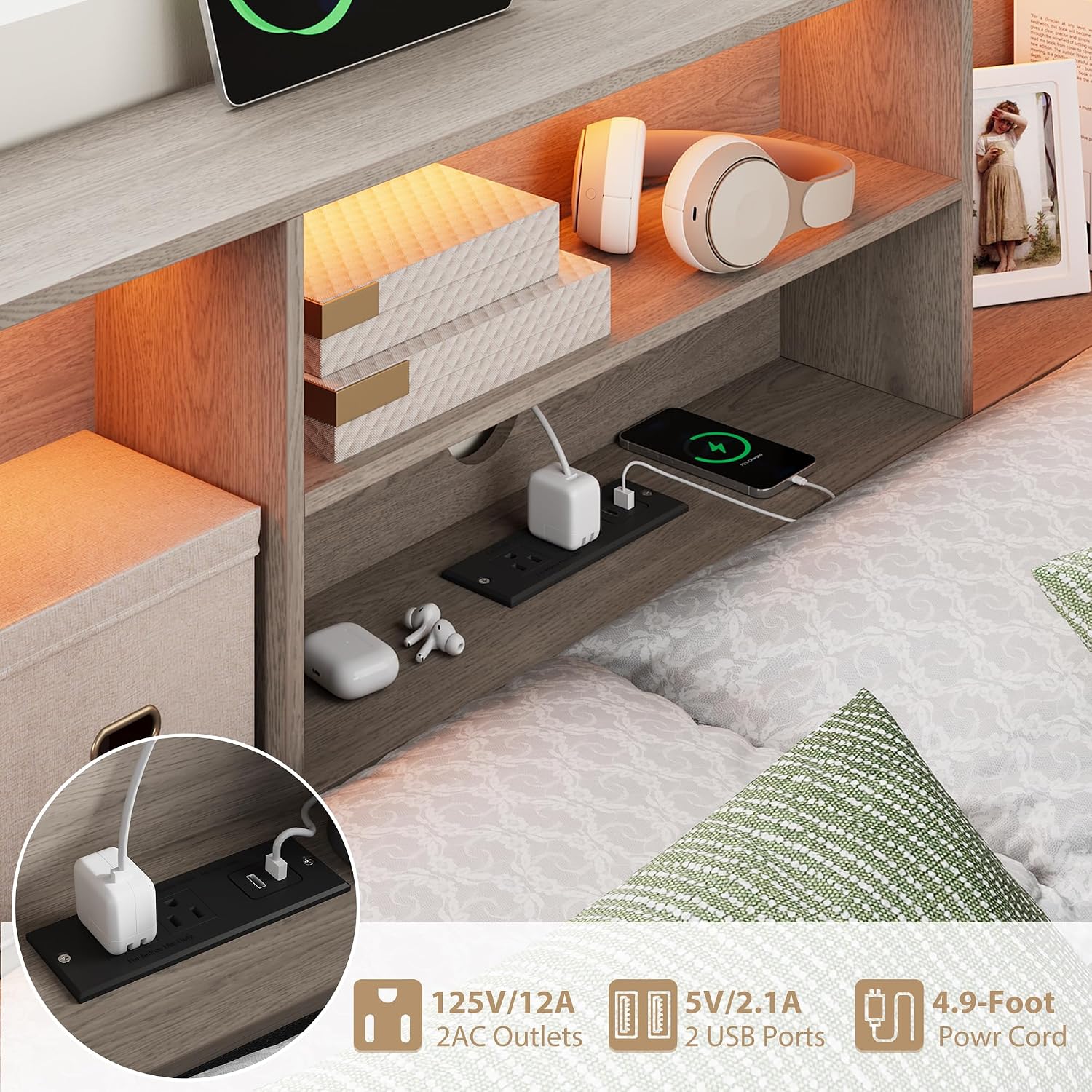 Full Size Corner Bed Frame with LED Lights, Charging Station & 8-Bookcase Headboard, Metal Platform Corner Bed with 4 Storage Drawers, Full Daybed for Kids Teens Guests, Gray