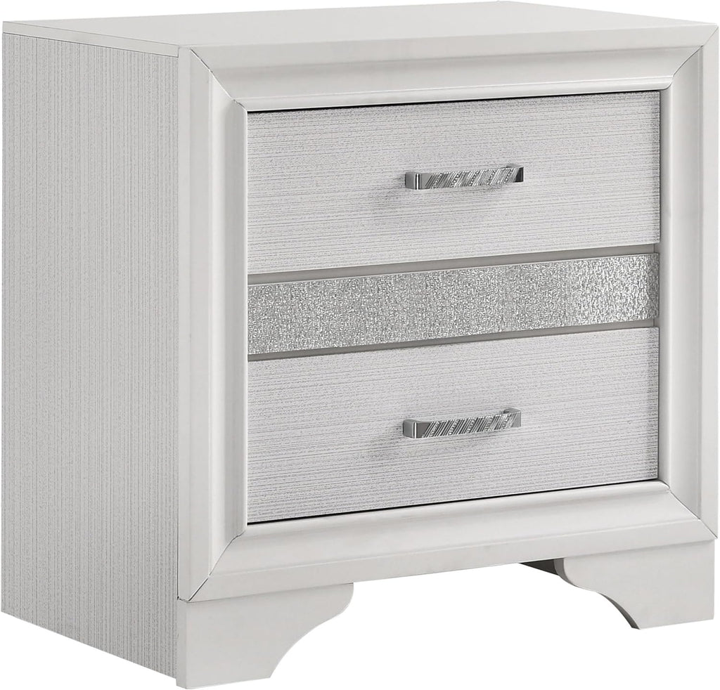 Benjara Vino 4pc Full Bedroom Set- Storage Footboard- White/Glitter Stripes