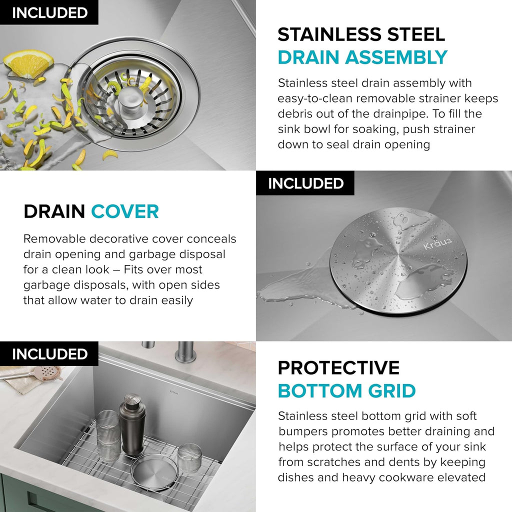 KRAUS Kore 21-Inch Undermount Workstation 16 Gauge Single Bowl Stainless Steel Kitchen Sink with Accessories, KWU111-21