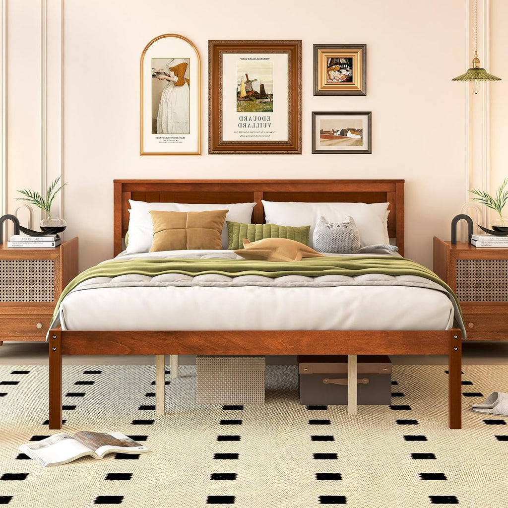 Giantex Queen Wood Platform Bed Frame with Headboard, Mid Century Queen Bed Frame with Wood Slat Support, Solid Wood Foundation with 16' Under Bed Storage, No Box Spring Needed, Easy Assembly