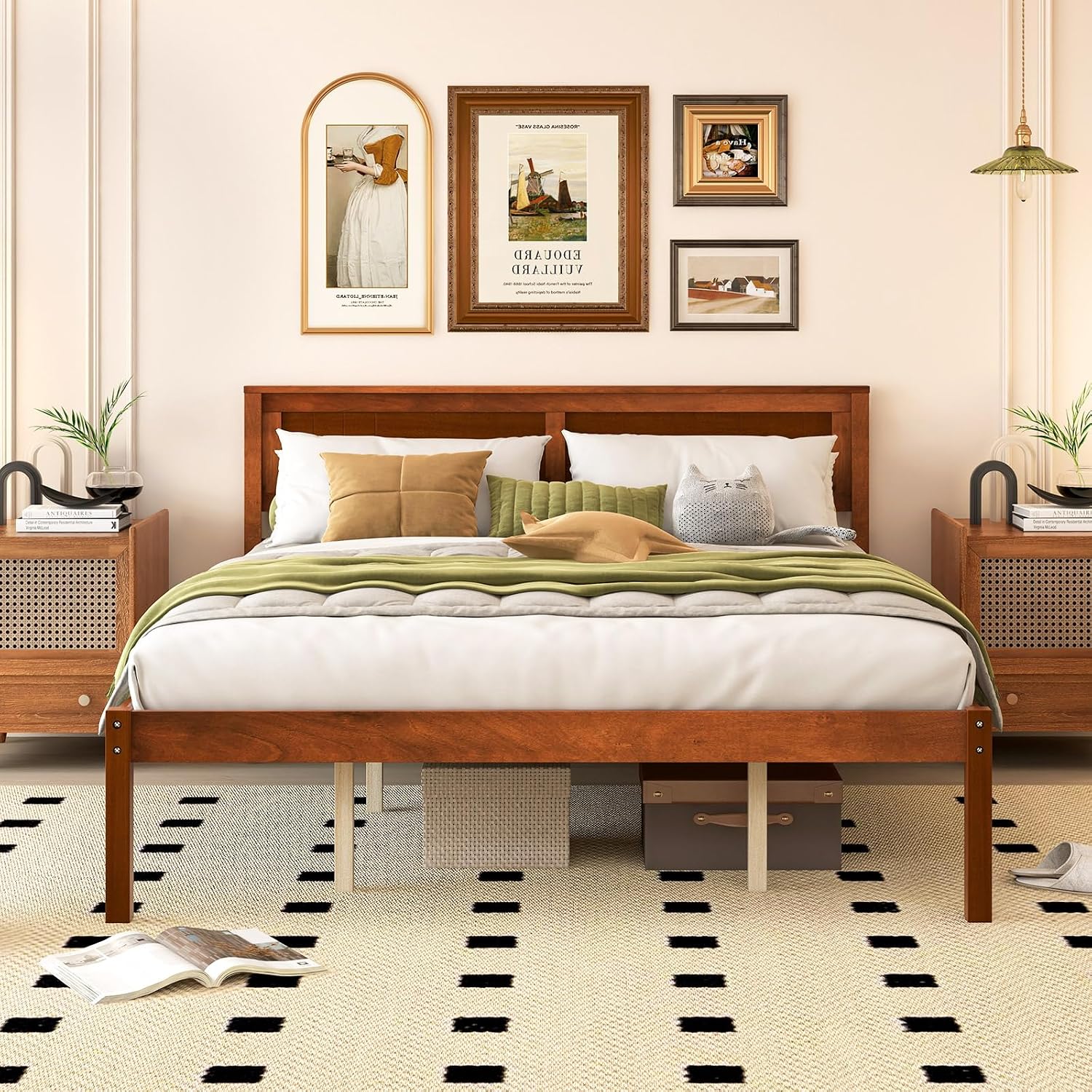 Giantex Queen Wood Platform Bed Frame with Headboard, Mid Century Queen Bed Frame with Wood Slat Support, Solid Wood Foundation with 16' Under Bed Storage, No Box Spring Needed, Easy Assembly