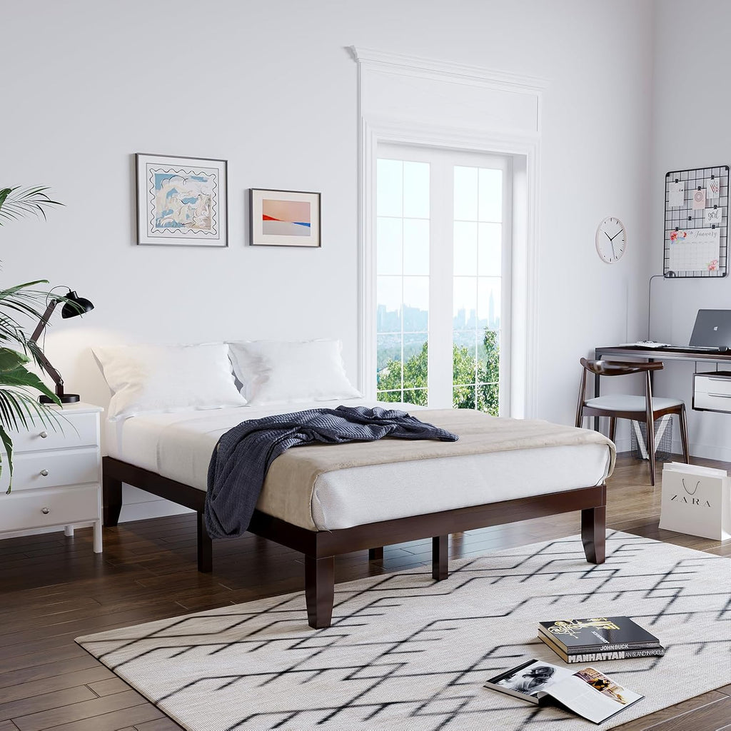 Giantex Full Wood Platform Bed Frame, 14 Inch Solid Rubber Wood Mattress Foundation, Heavy Duty Wooden Slats Support, No Box Spring Needed, Easy Assembly, Espresso