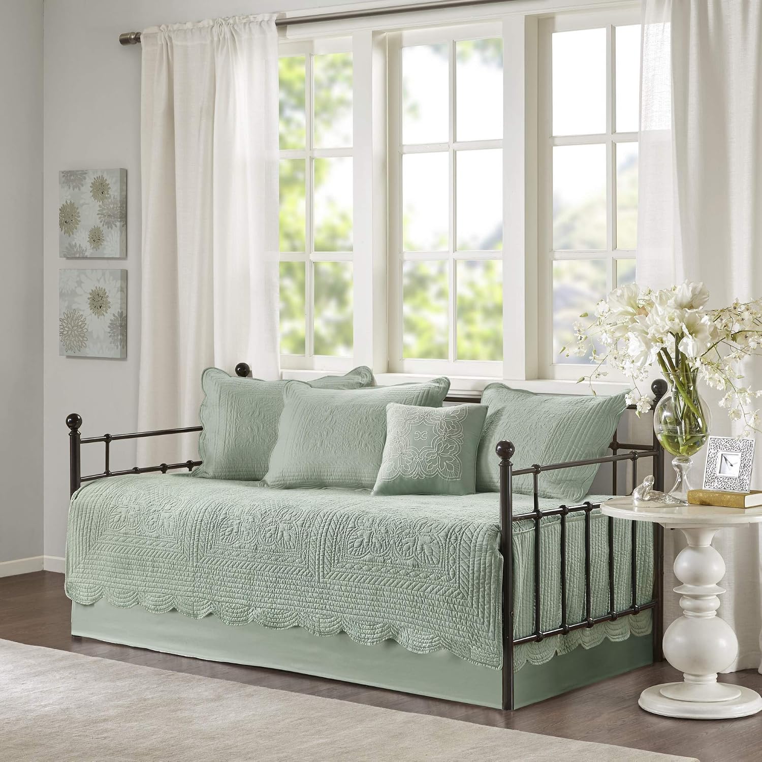 Madison Park Daybed Cover Set Damask Quilted Cover for Daybeds, All Season, Pre-Washed Cotton-Filled Coastal Bedding Scallop Edge, Shams, Bedskirt, Décor Pillows, Tuscany, Seafoam, 39'x75', 6 Piece