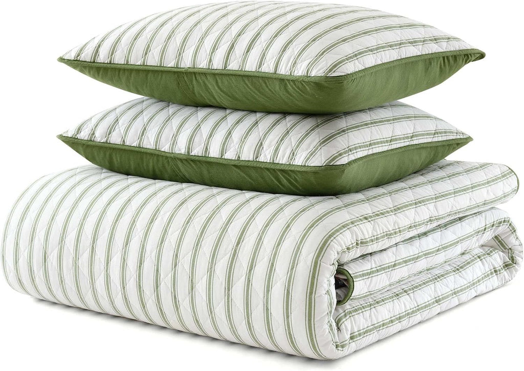 Martha Stewart - Queen Quilt Set, 100% Soft & Breathable Bedding with a Lightweight Feel for Year Round Comfort, 3 Piece Bed Set with Matching Pillowcases (Ticking Stripe Green)