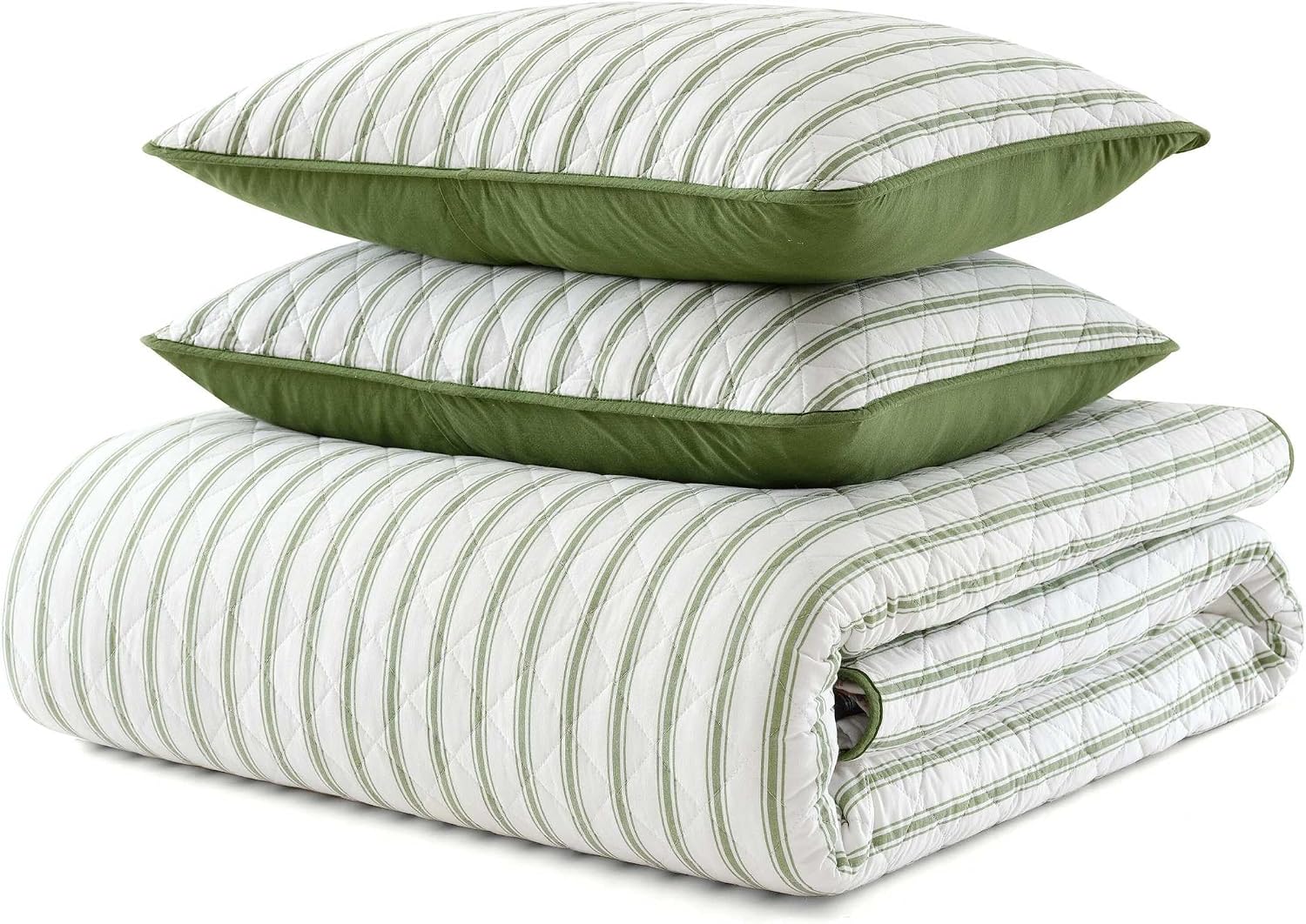 Martha Stewart - Queen Quilt Set, 100% Soft & Breathable Bedding with a Lightweight Feel for Year Round Comfort, 3 Piece Bed Set with Matching Pillowcases (Ticking Stripe Green)