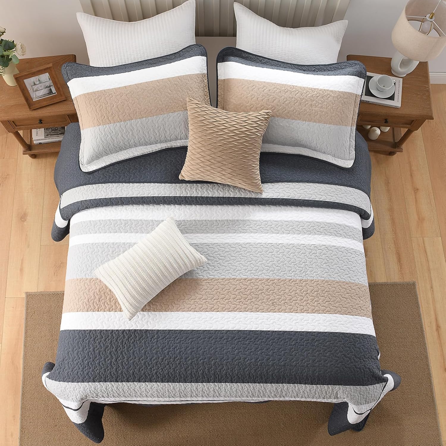DDUOXIN Oversized King Bedspread 120' W x120 L - 100% Cotton Quilt with 2 Pillow Shams, Simple Striped Design Lightweight Durable Bedding, Perfect for Modern Bedrooms, Brown/Blue/Gray/White