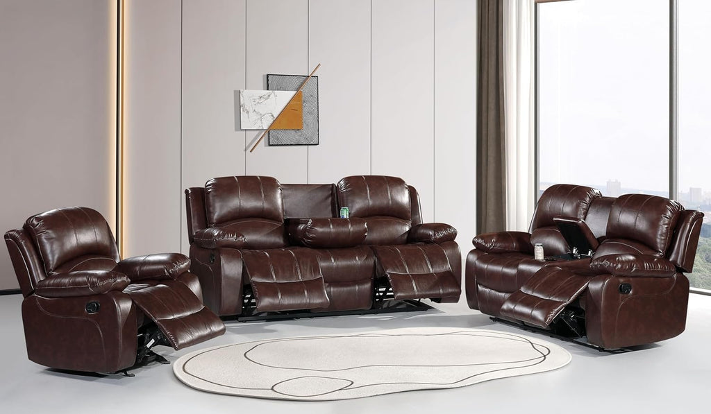 Betsy Furniture 3PC Faux Leather Manual Reclining Couch Set, Living Room Furniture Set, Sofa, Loveseat, Glider, 8018 Multiple Colors (Brown, Sofa+Loveseat+Chair)