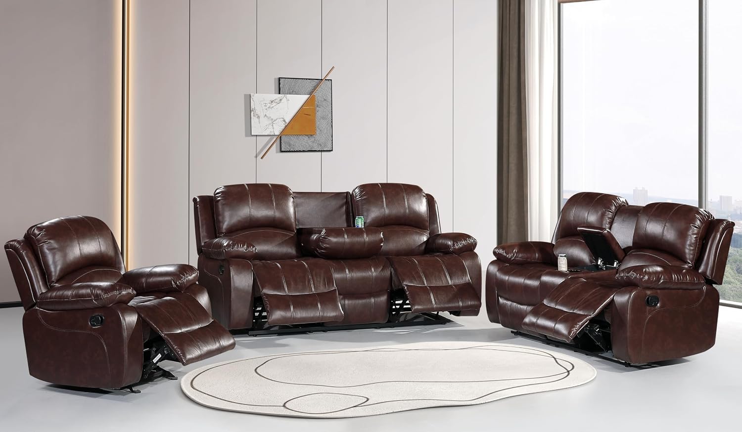 Betsy Furniture 3PC Faux Leather Manual Reclining Couch Set, Living Room Furniture Set, Sofa, Loveseat, Glider, 8018 Multiple Colors (Brown, Sofa+Loveseat+Chair)