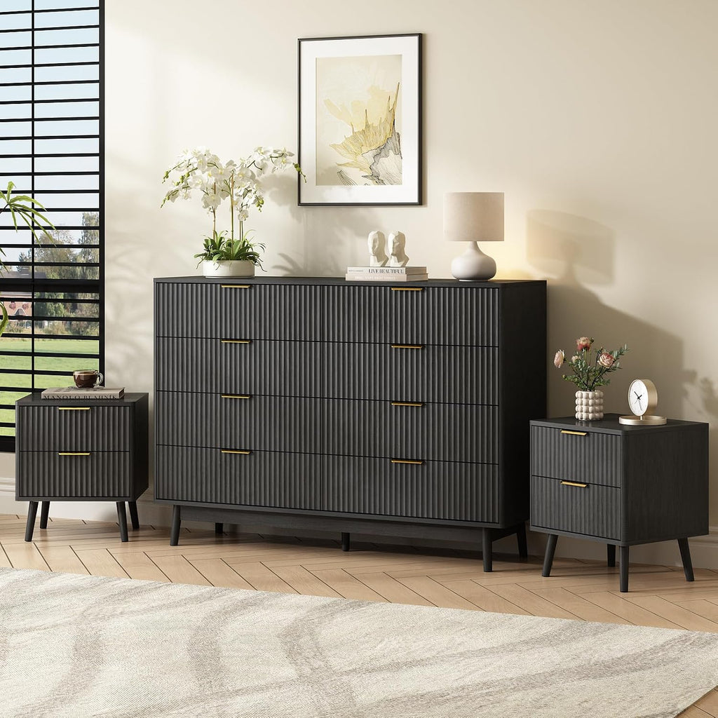 CARPETNAL Fluted Dresser and Nightstand Sets for Bedroom, 3 Pcs Bedroom Set, 8-Drawer Dresser & 2-Drawer Nightstand Set of 2, Modern Wood Chest of Drawers for Living Room, Entryway, Black