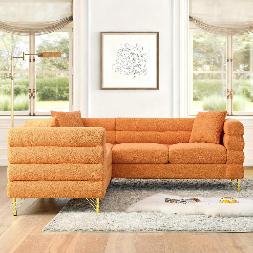 L-Shaped Sectional Couch, 81.5' Oversized Corner Sofa Teddy Boucle Comfy Cloud Modern Upholstered Deep Seat Set with Stylish Metal Legs for Living Room Home Office,Apartment, Orange