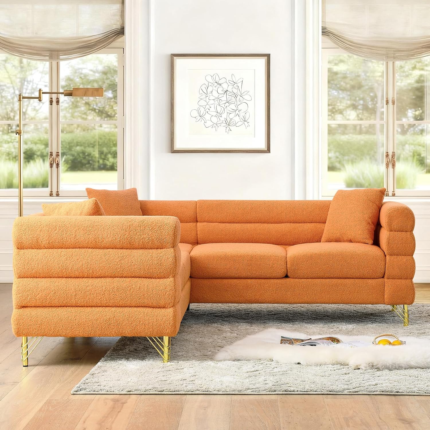 L-Shaped Sectional Couch, 81.5' Oversized Corner Sofa Teddy Boucle Comfy Cloud Modern Upholstered Deep Seat Set with Stylish Metal Legs for Living Room Home Office,Apartment, Orange