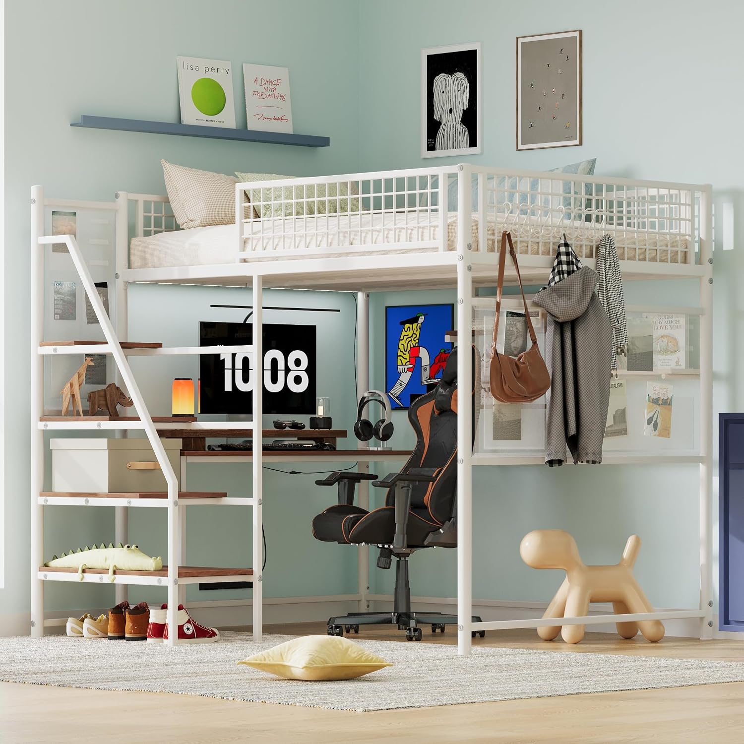Full Size Metal Loft Bed with Stairs, Large Under-Bed Space, Built-in Charging Station, LED Lighting, for Bedroom, Dormitory, White