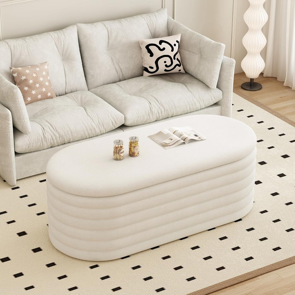 Storage Ottoman Bench 40 inch Upholstered Chenille Fabric Storage Bench for Bedroom End of Bed Stool Aesthetic Large Storag Ottoman for Living Room Entryway,Beige White