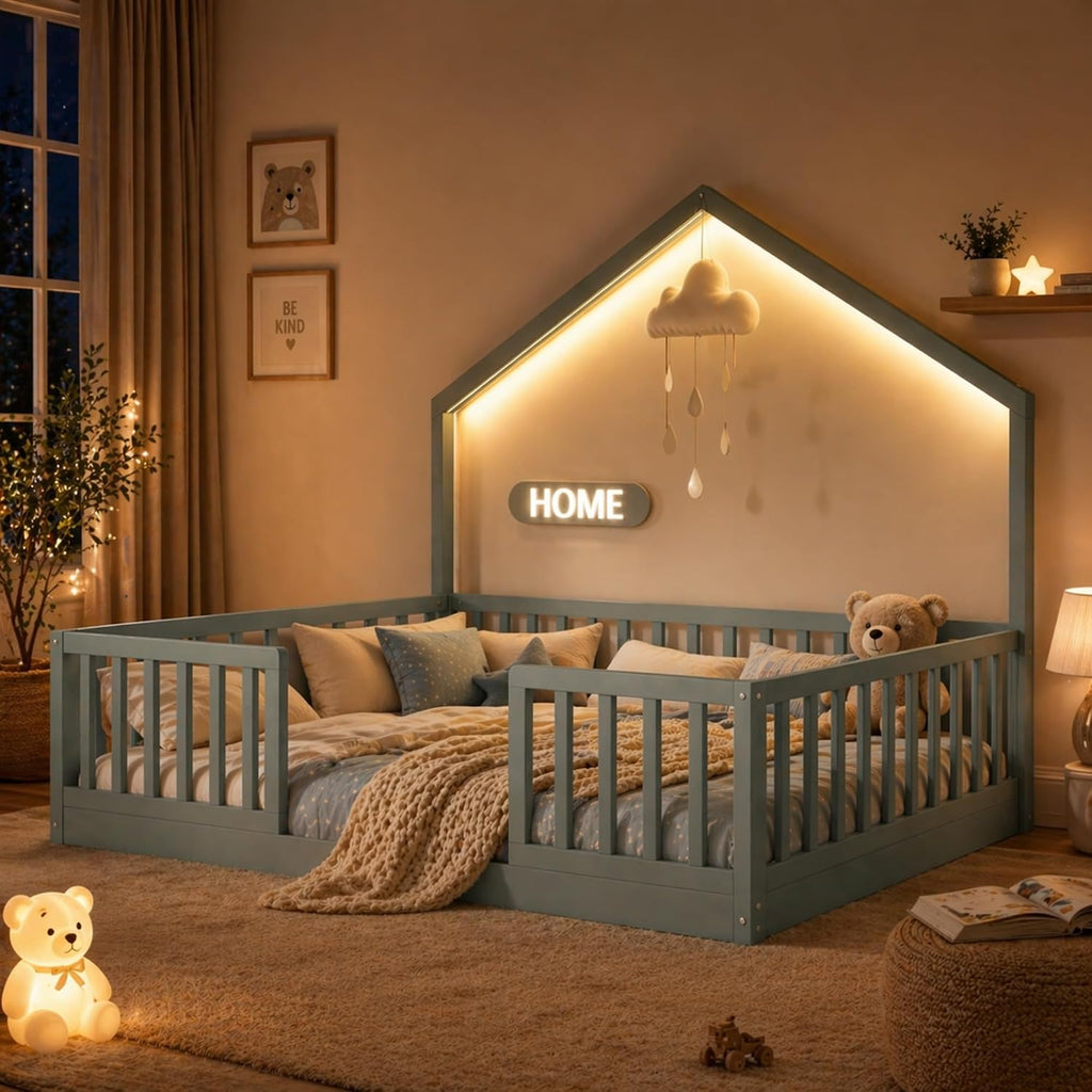Full Size Floor Bed with High Rails, Wooden Montessori Floor Bed Full with Light & Wood Slats, Low Profile Montessori Beds for Kids, Boys & Girls, Gray