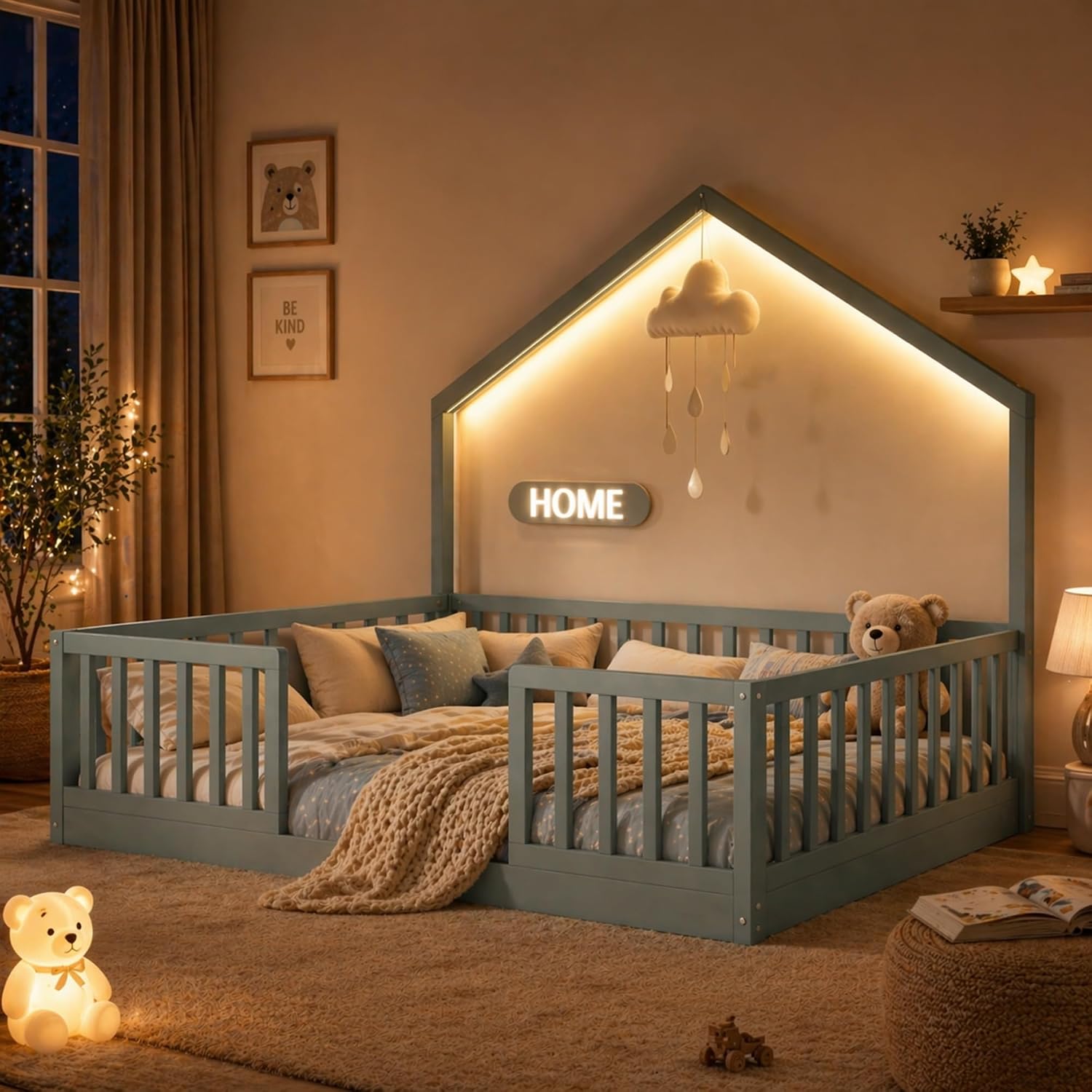 Full Size Floor Bed with High Rails, Wooden Montessori Floor Bed Full with Light & Wood Slats, Low Profile Montessori Beds for Kids, Boys & Girls, Gray
