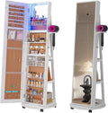 HNEBC 360° Swivel Jewelry Armoire with Mirror, LED Mirror Jewelry Cabinet Standing, Full Length Mirror with Jewelry Storage, Standing Jewelry Organizer/Lockable Wheels/Foldable Makeup Shelf (C-White)
