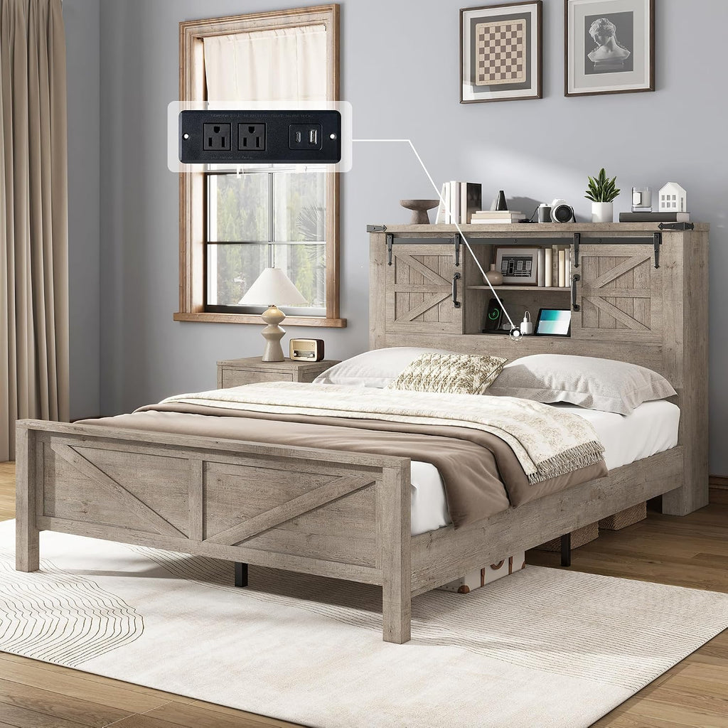 AMERLIFE Farmhouse Full Bed Frame with Storage Headboard & Charging Station, Rustic Wood Platform Bed with Barn Door Bookcase, No Box Spring Needed, Light Grey Bedroom Furniture