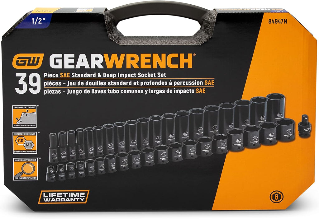 GEARWRENCH 39 Pc. 1/2' Drive 6 Pt. Impact Socket Set, Standard & Deep, SAE - 84947N, Black