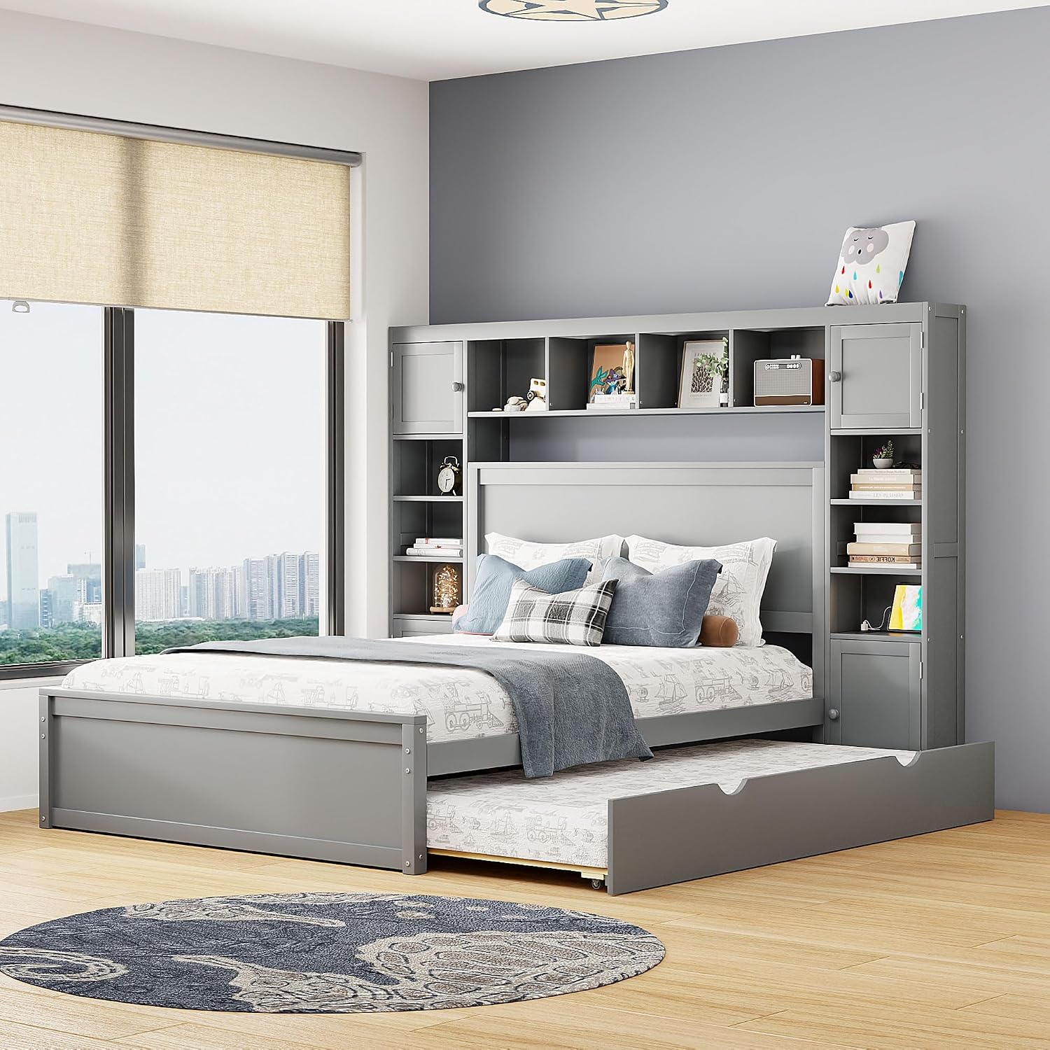 Merax Queen Size Wooden Bed with All-in-One Cabinet and Shelf, Gray Platform Bed Frame with 2 Drawers, Trundle and Sockets