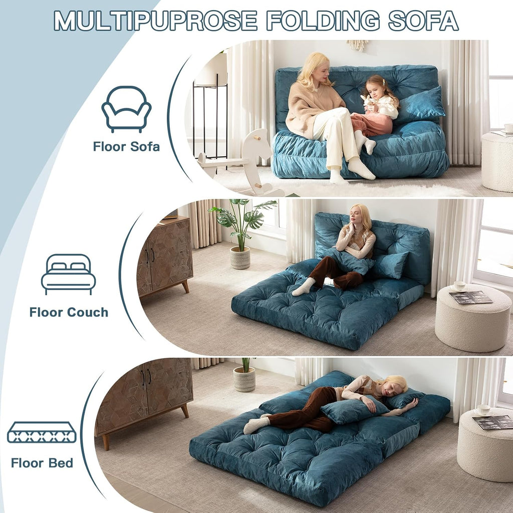 Folding Sofa Bed, Convertible Sleeper Chair with Pillow Foldable Mattress with Back Support, Portable Fold Out Chair Bed Comfy Floor Sofa Lounge for Living Room Bedroom, Blue Twin 80x39 Inch