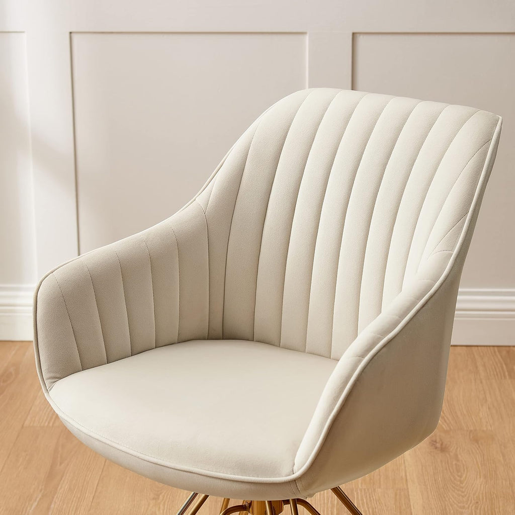 Volans Swivel Accent Chair, Mid Century Modern Dining Room Chairs with Hollow Black Metal Leg, Home Office Desk Chair No Wheels for Living Room, Bedroom, Off White
