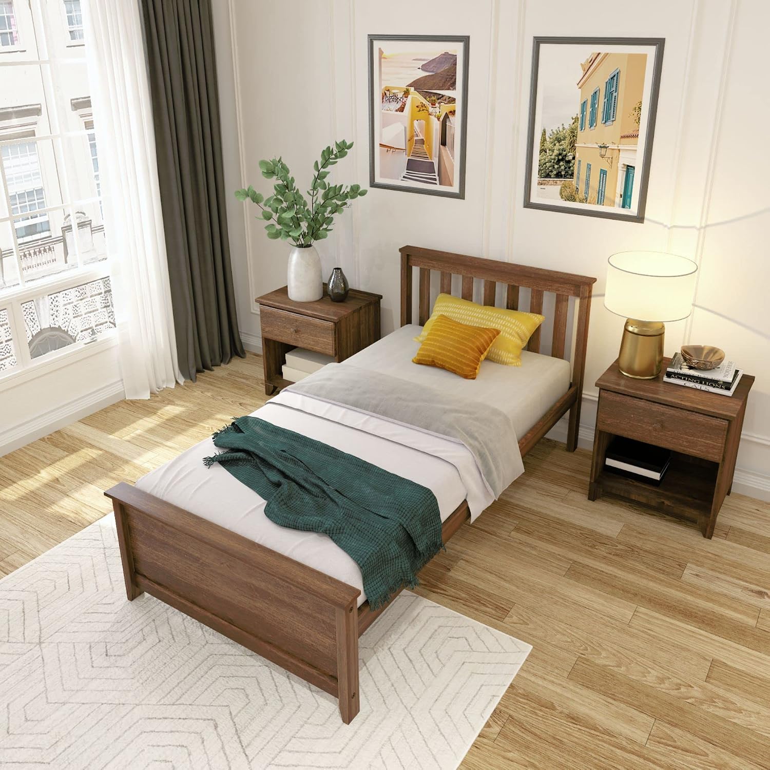 Plank+Beam Solid Wood Twin Bed Frame, Platform Bed with Headboard, Walnut