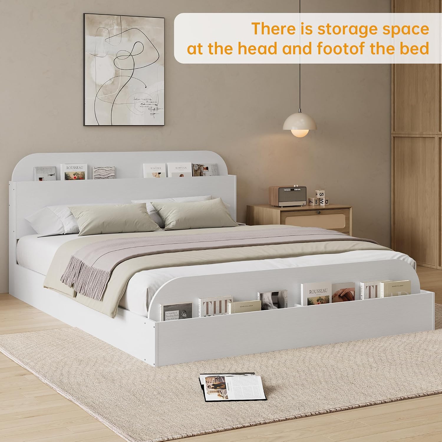 GarveeHome Full Size Bed Frame, Wooden Beds with Storage Headboard and Raised-Foodboard, Full-Floor Low Platform Bed for Bedroom, Sturdy Wooden Slats Support, No Box Spring Needed, White