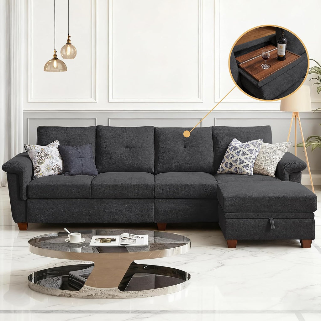 108' Sectional Sofa, Convertible L Shaped Sofa with Ottoman and Large Storage, 4 Seat Sectional Couch with Cup Holder, Couches for Living Room, Apartment, Office (Dark Grey)