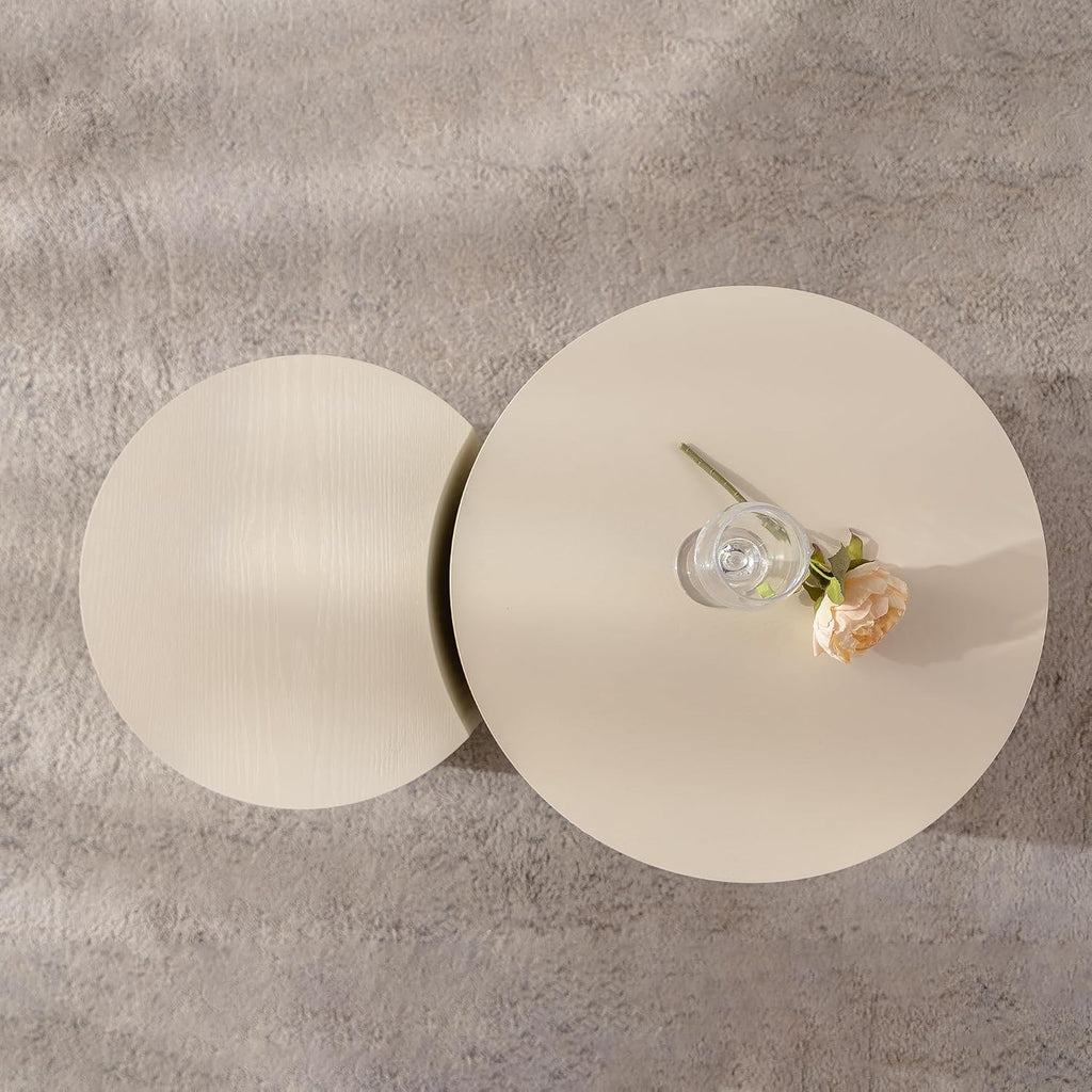 Nesting Coffee Table Set of 2, Round & Crescent Moon Wood Coffee Table and End Table Sets, Modern Luxury Accent Center Tea Table for Living Room Bedroom, （Beige + Cream, 18.9' & 14.96'