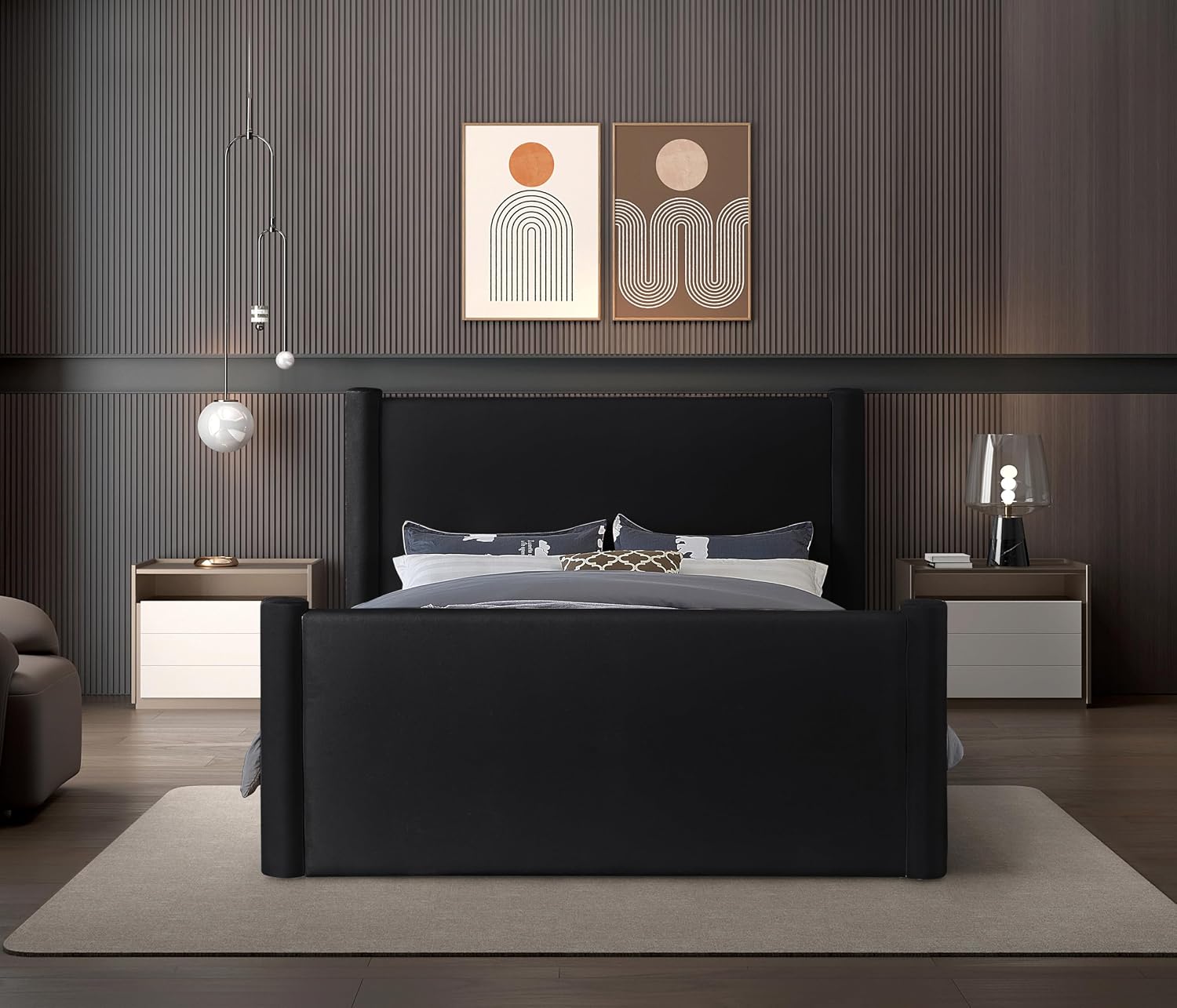 Meridian Furniture B1298Black-F Elias Collection Modern | Contemporary Full Bed with Soft Black Velvet, Solid Wood Inner Frame, 68' W x 83.5' D x 52' H, Black, Full