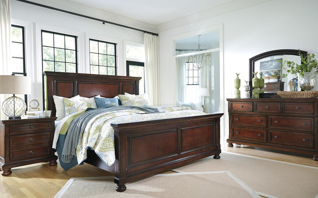 Signature Design by Ashley Porter Traditional Queen Panel Bed, Hand-Finished, Foundation or Box Spring Needed, Wood, 67.81' W x 88.25' D x 60.25' H, Dark Brown