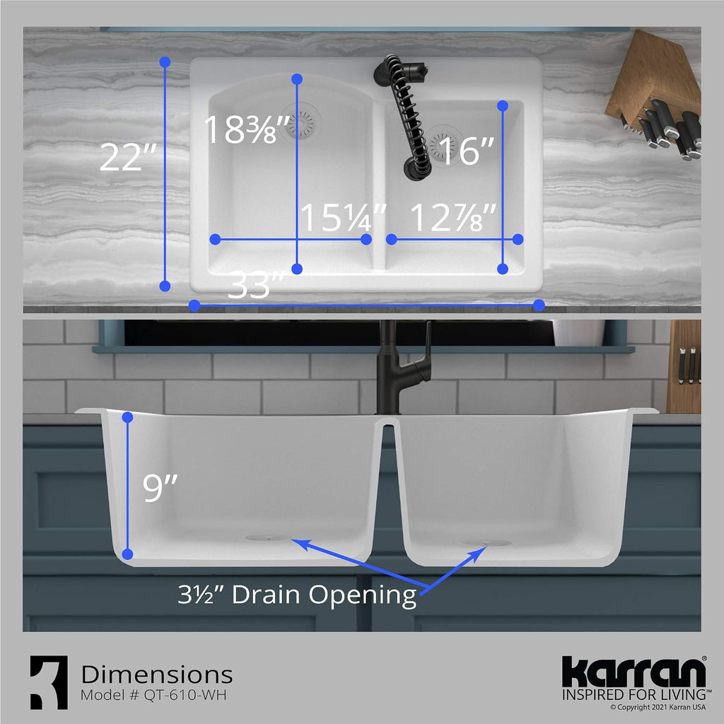 Karran 33' Drop-In/Top Mount Quartz Composite 1-Hole 60/40 Double Bowl Kitchen Sink in White