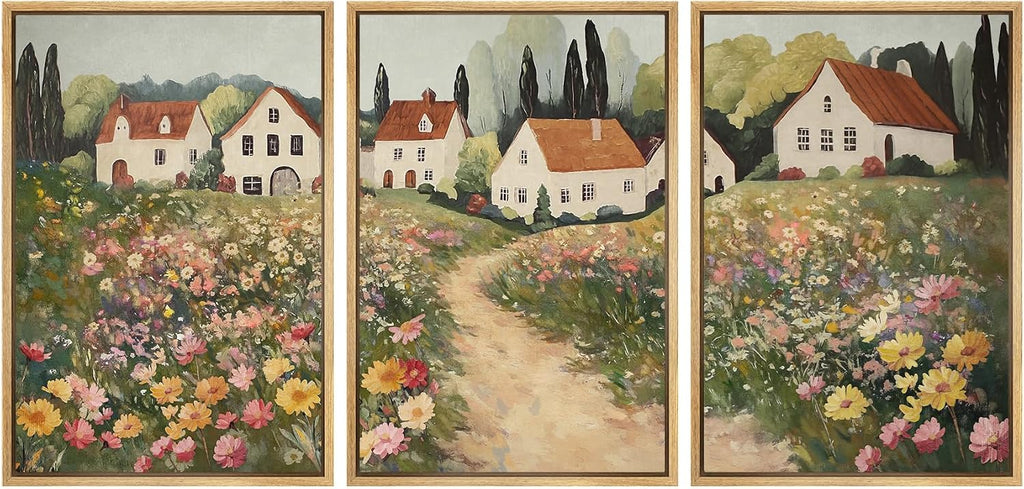 SIGNWIN Framed Canvas Print Wall Art Set Cottage Garden Path Vintage Floral Village Landscape Illustrations Modern Art Contemporary Minimal Ultra for Living Room, Bedroom, Office - 24'x36'x3 Natural