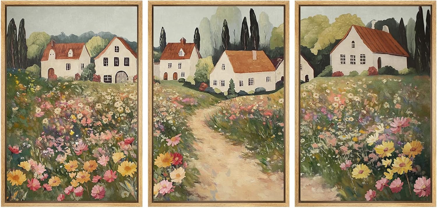 SIGNWIN Framed Canvas Print Wall Art Set Cottage Garden Path Vintage Floral Village Landscape Illustrations Modern Art Contemporary Minimal Ultra for Living Room, Bedroom, Office - 24'x36'x3 Natural