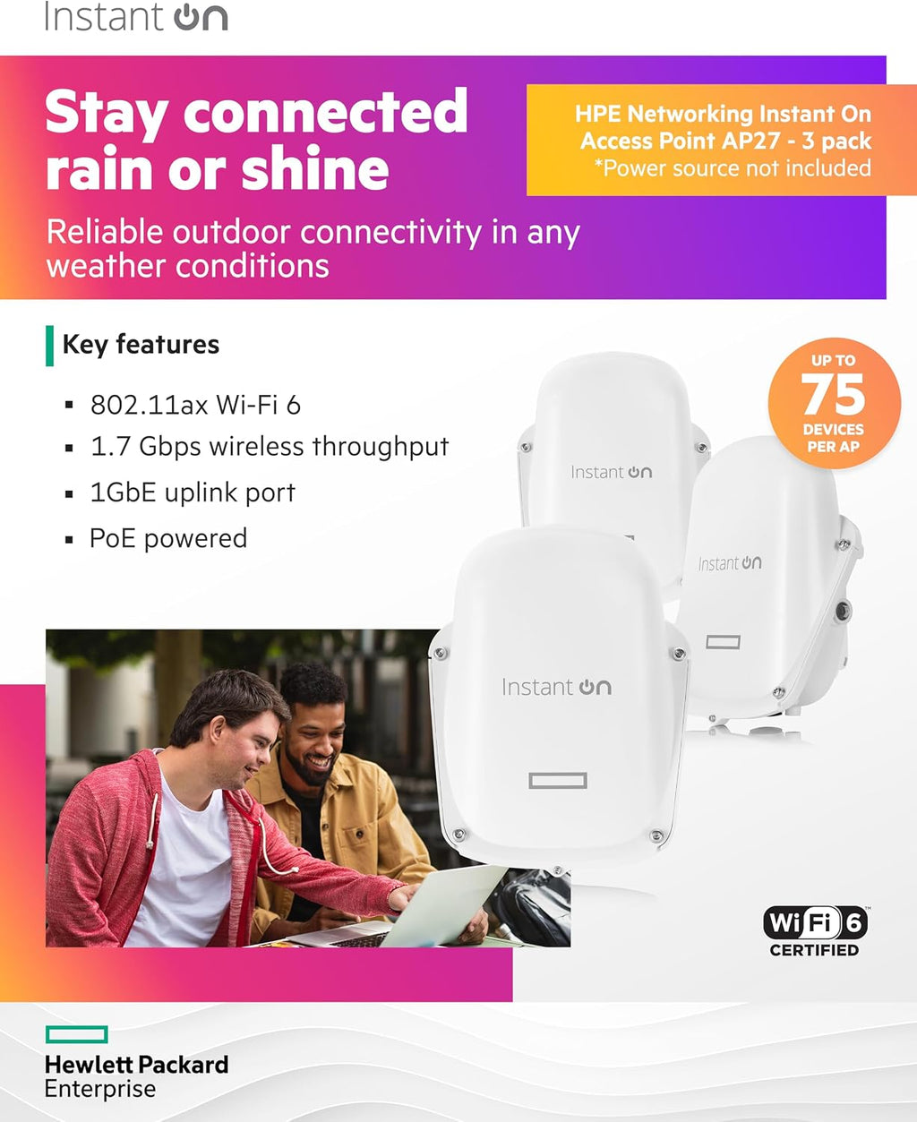 HPE Networking Instant On Access Point AP27 2x2 WiFi 6 Outdoor Wireless Access Point (3 Pack) | Power Source Not Included | US Model (S1T36A-3PACK)