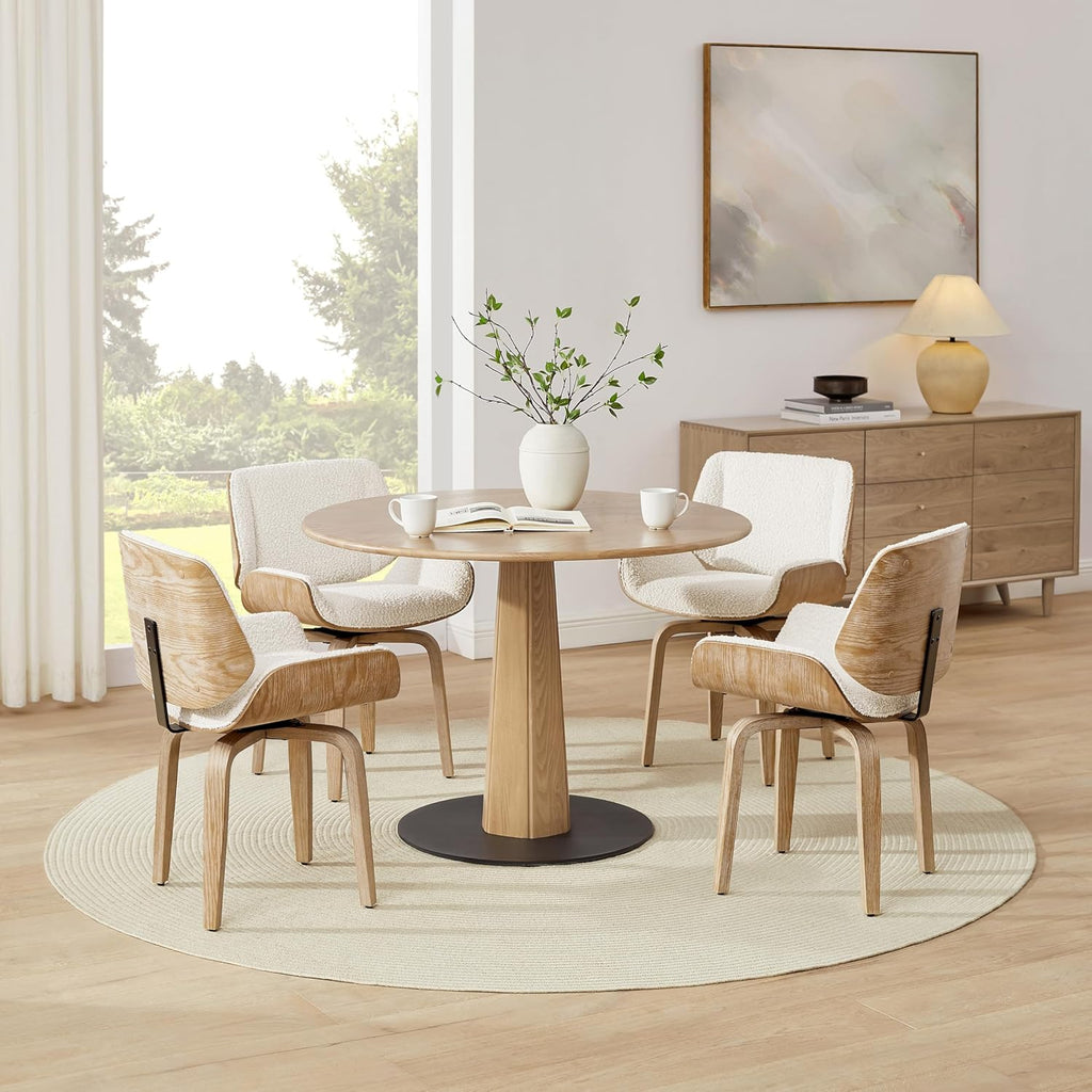 Zouron Swivel Dining Chair, Fabric Upholstered Dining Room Chair with Wood Legs, Mid Century Modern Accent Side Chair for Small Space Living Room Bedroom, Set of 2, Boucle Off White