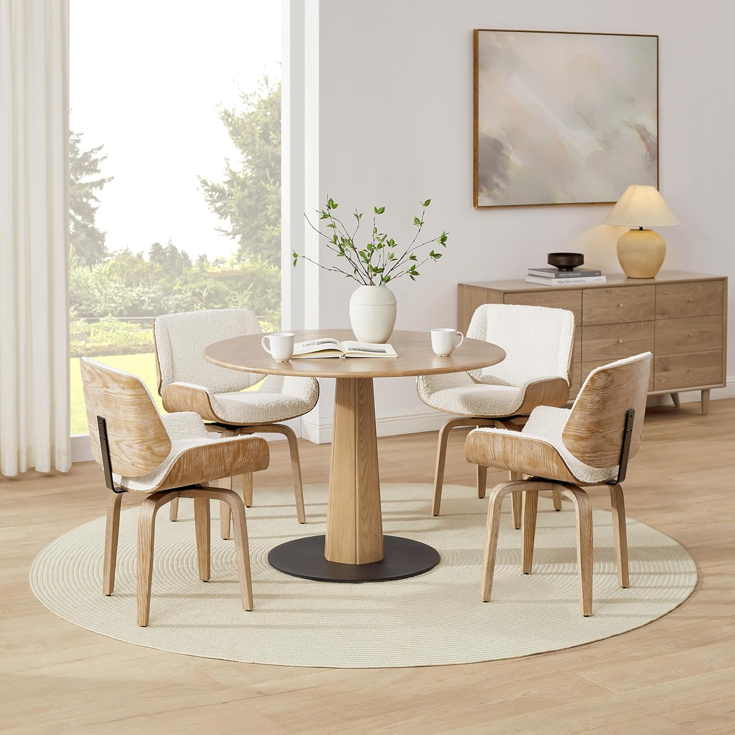 Zouron Swivel Dining Chair, Fabric Upholstered Dining Room Chair with Wood Legs, Mid Century Modern Accent Side Chair for Small Space Living Room Bedroom, Set of 2, Boucle Off White