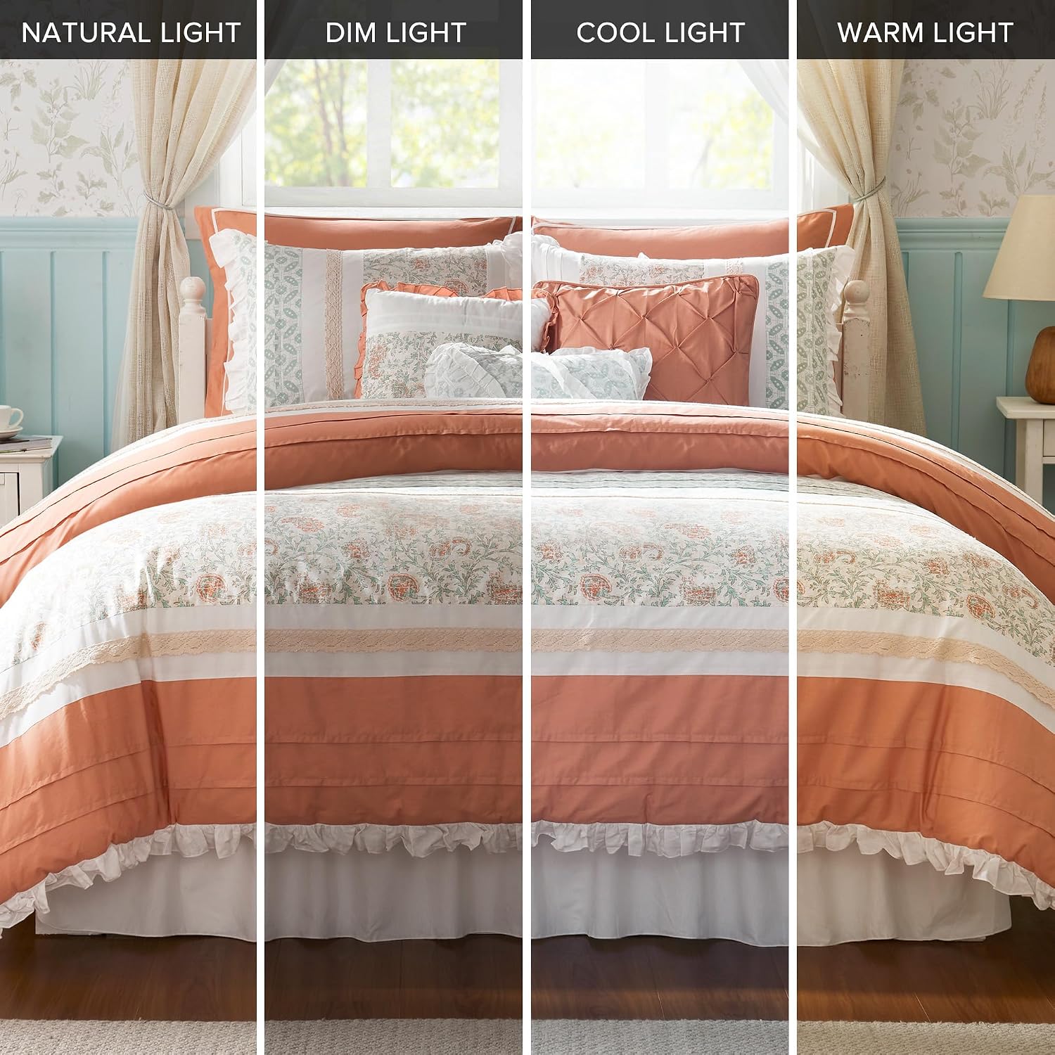 Madison Park Dawn 100% Cotton Shabby Chic Comforter Set-Modern Cottage Design All Season Down Alternative Bedding, Matching Shams, Bedskirt, Decorative Pillows, King(104'x92'), Coral 9 Piece