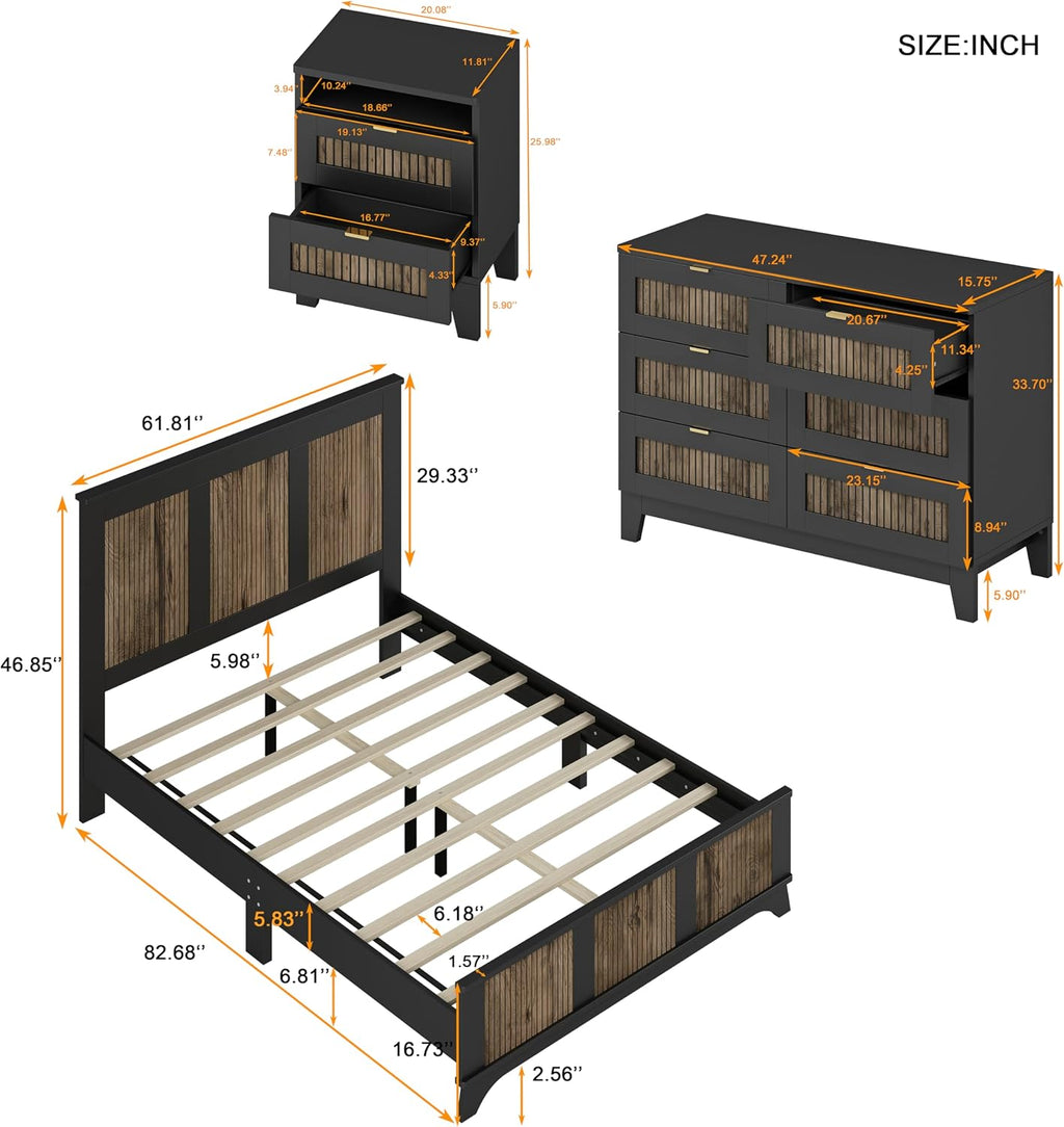 Farmhouse 4-Pieces Bedroom Sets, Queen Size Farmhouse Platform Bed with Wooden Strip Stickers Decoration, 2 Nightstands and 6 Drawer Dresser with Metal Handle (Black-4PS)